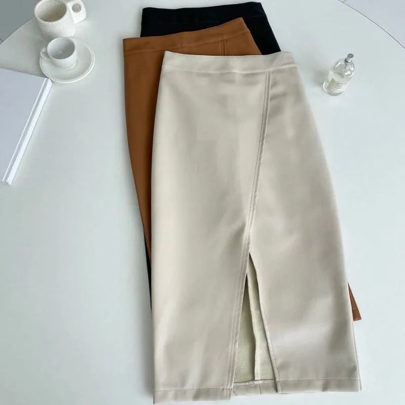 Simplicity Commute Solid Color Temperament Leather Skirts for Women Slim High Waist Split Sexy Bag Hip Skirts Female Clothing