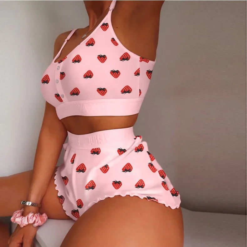 qgtao 2 Pieces Set Women's Pajama Shorts Suit Multiple Print Underwear Sexy Lingerie Camisoles Tanks Nighty Ladies Loungewear Homewear