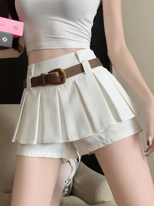 qgtao High Waist Sexy Belt Pleated Skirt Women Sweet Vintage Preppy Style Mini Skirt Korean Casual Elegant Solid Female Skirt New