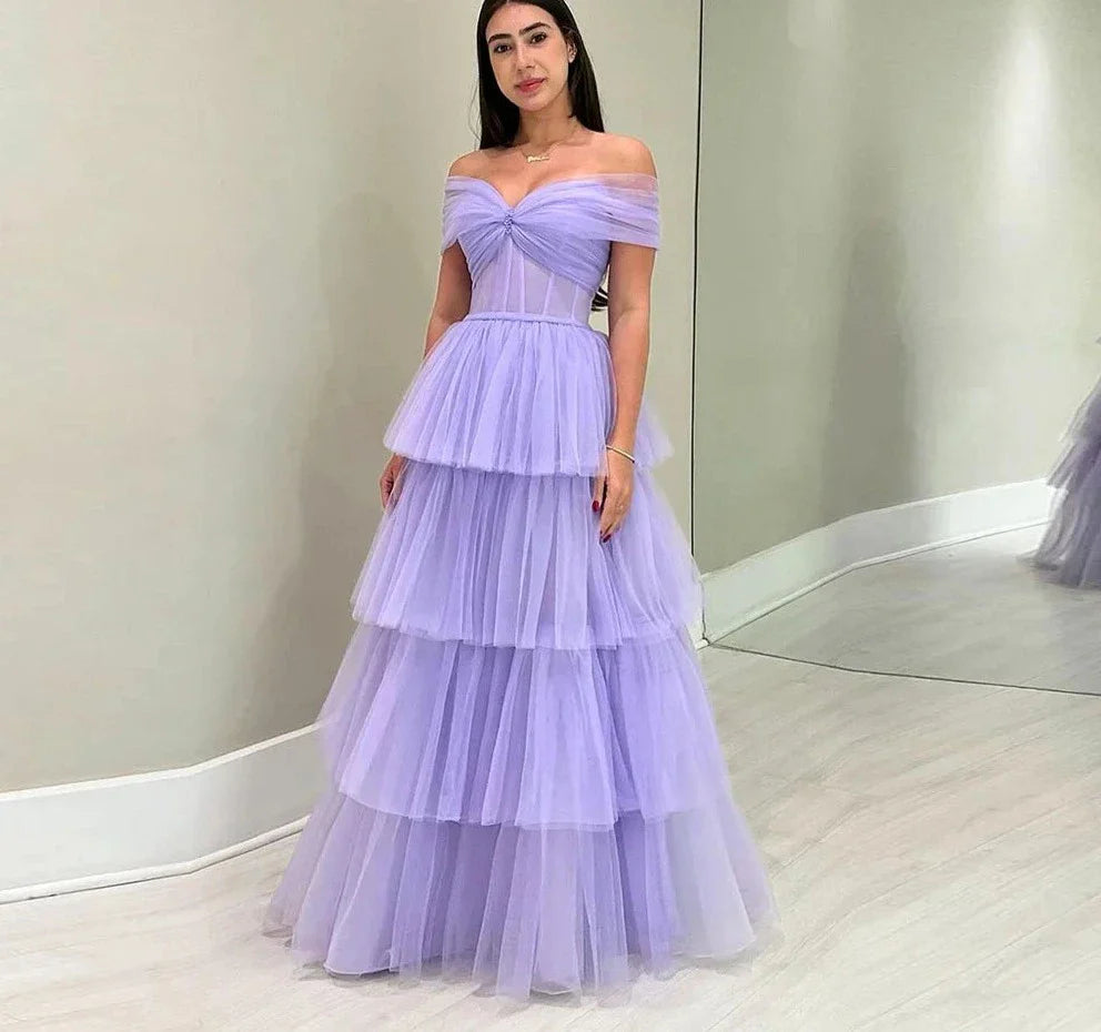 qgtao Lilac Tulle Evening Dresses Off The Shoulder Floor Length Ruched Tiered  Formal Dresses For Women 2024 Plus