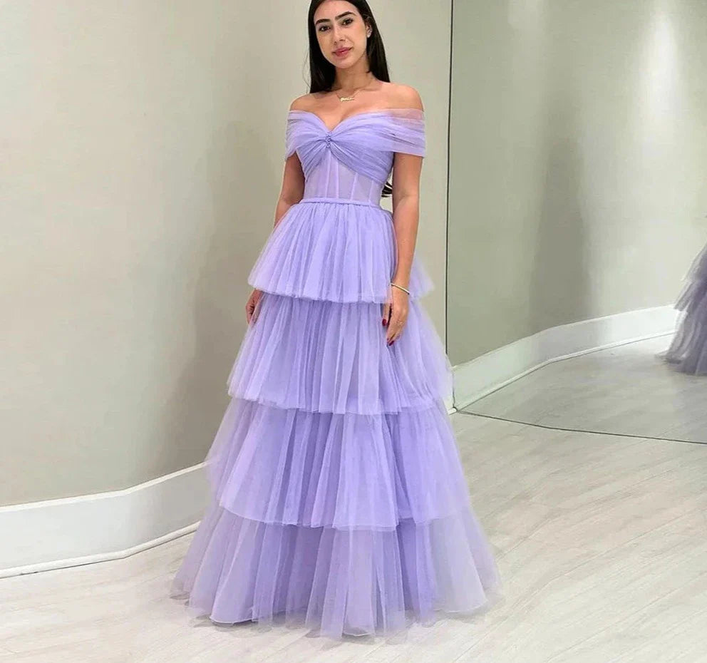 qgtao Lilac Tulle Evening Dresses Off The Shoulder Floor Length Ruched Tiered  Formal Dresses For Women 2024 Plus