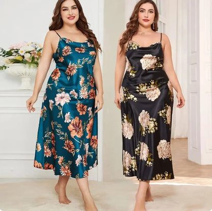 qgtao XL-5XL Big Size Sexy Suspender Nightdress Sleepwear Lingerie Summer Women Nightgown Loose Silky Satin Dressing Gown Loungewear plus