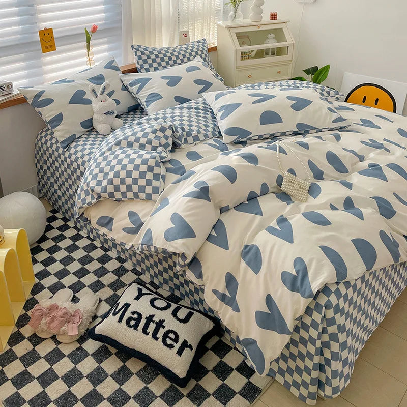 Yeknu Ins Style Bedding Set Cotton Soft Flat Fitted Sheet Duvet Cover Pillowcase Floral Rabbit Boy Girls Home Textile Bedclothes