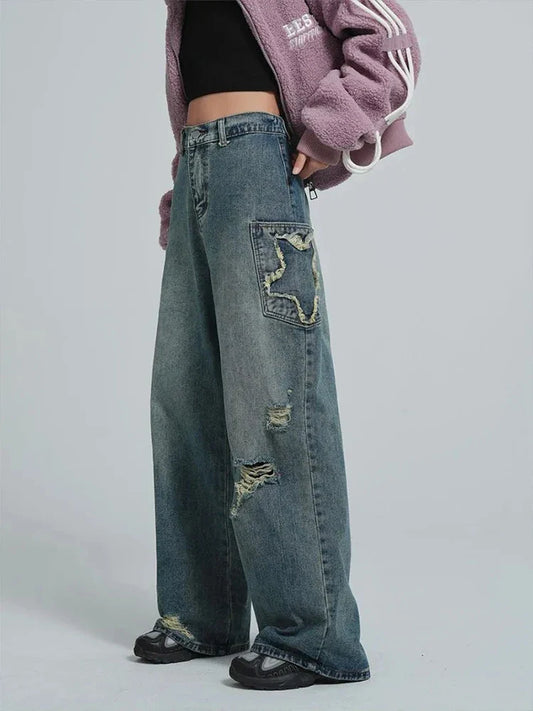 Women's Blue Star Ripped Jeans Baggy Harajuku Aesthetic Denim Trousers Y2k Wide Jean Pants Vintage 2000s Trashy Oversize Clothes