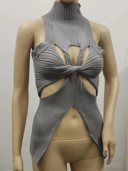 qgtao Sexy Crop Top Women T shirt Summer Cut Out Vest Round Collar Sleeveless Solid Knitting Tank Tops  Hollow Out Street wear