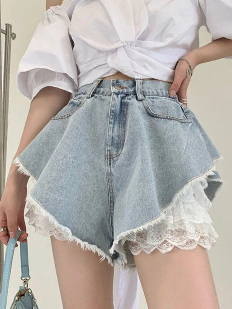 qgtao  -  Blue Lace Denim Shorts Women Y2k Fashion Loose High Waist Korean Style Causal A-line Jeans Streetwear Retro Summer Pants