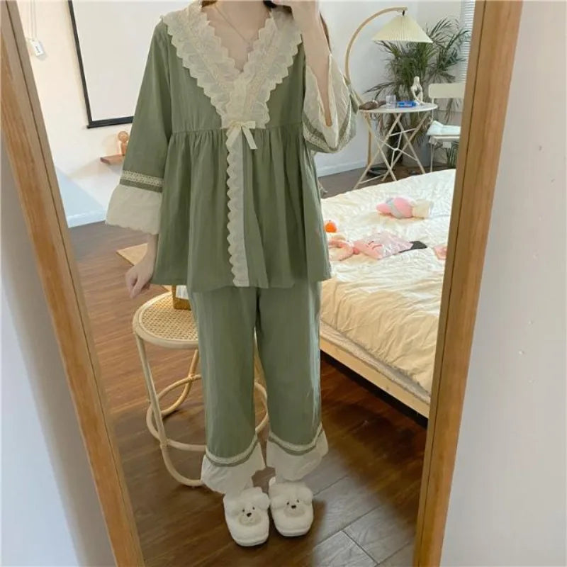 qgtao 2024 New Pajamas for Women Solid Color Sweet Loose Sleepwear Pullover Homewear Set V-neck Lace Contrasting Colors Loungewear