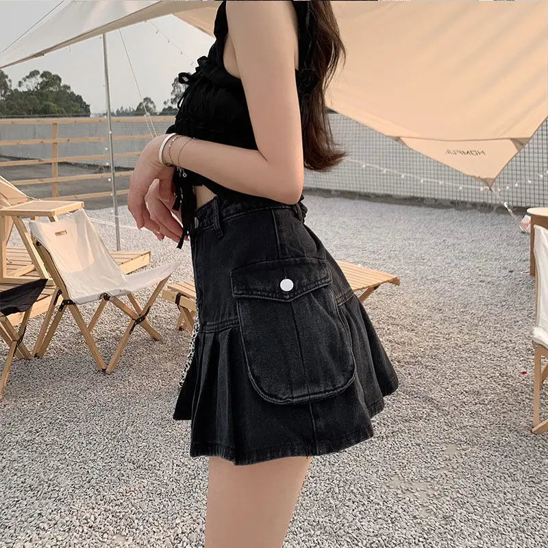 qgtao Vintage Pleated Denim Skirt Women Black Sexy Y2K Mini Skirts Retro Gothic Casual Patchwork Streetwear A-line Jean Skirt