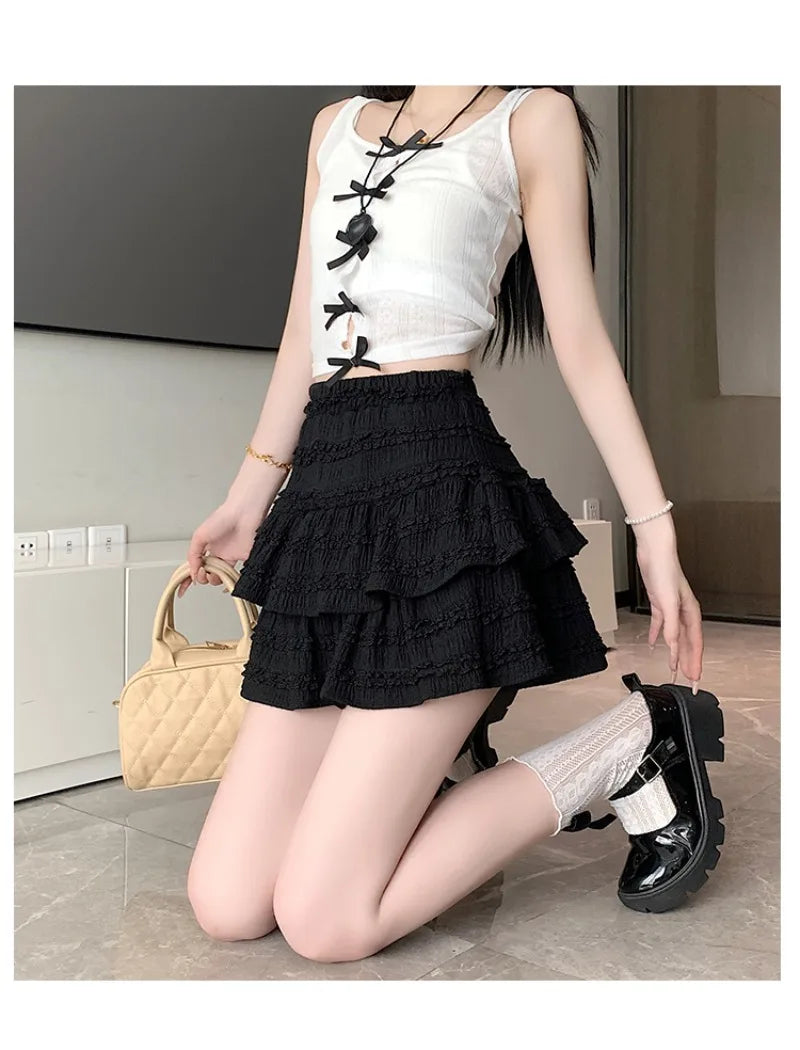 qgtao with Lining Prevent Exposure A Line Women Skirts Summer Solid Sweet Texture Sexy Mini Skirt Slim High Waist Skirt