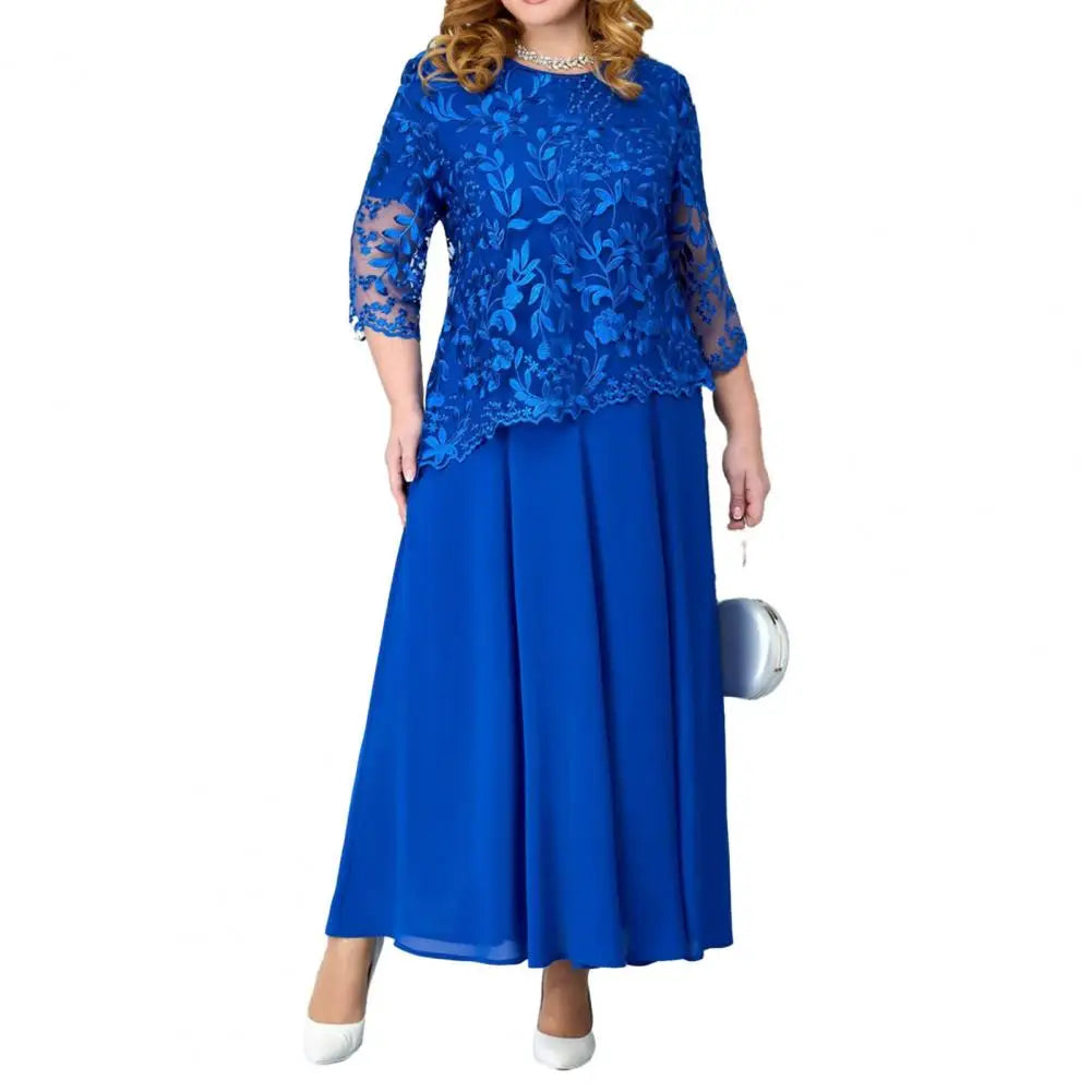 qgtao Plus Size Long Dress Elegant Plus Size Maxi Dress with Flower Embroidery Lace Detail Three Quarter Sleeve O Neck Fake Two-piece