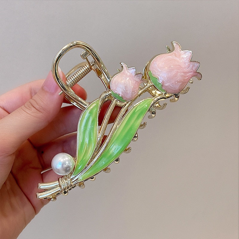 2022 Korean Fashion Pink 3D Tulip Hair Claws Women Girls Summer Shark Clip Hair Accessories Leaves Flowers Ponytail Gradient