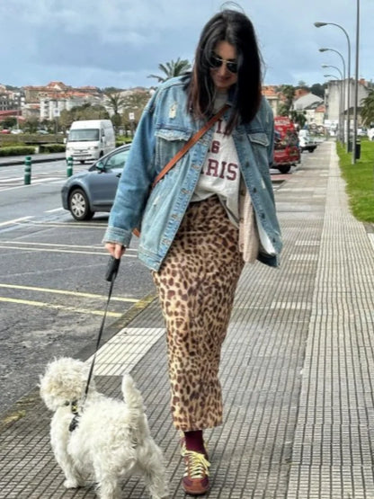 qgtao Chic Leopard Print Top Long Skirt Suits 2 Pcs Set Women Sleeveless Halter Tops Hip Package Slim Skirts Summer New Lady Outfits
