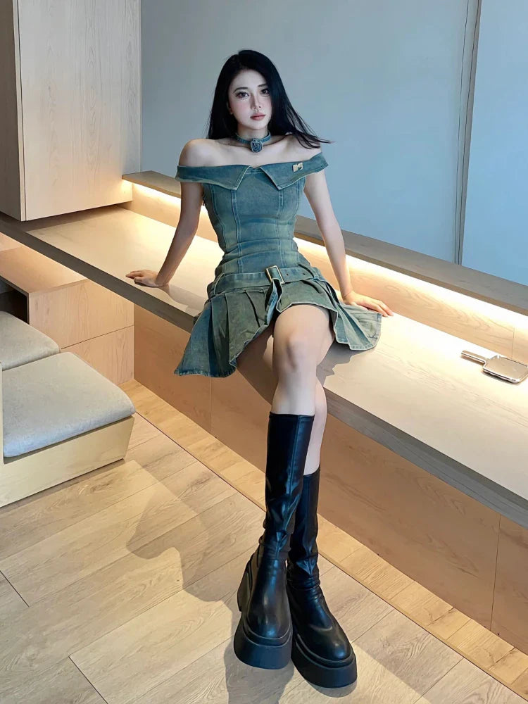 qgtao Streetwear Denim Mini Dress Women Sexy Slim Korean Fashion Vintage Off The Shoulder Pleated Dresses Summer Slash Neck