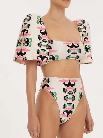 Print Twisted Flower Puff Sleeve Swimsuit New Sexy Bikini 2022 Plus Size Tankini Women Swimming Suits Women Swimwear 2024