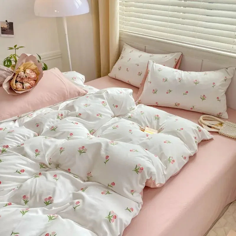 Yeknu Romantic Tulip Pink Bedding Set Bed Flat Sheet Pillowcase Twin Full Queen Bed Linen Kids Girls Floral Duvet Cover No Filling