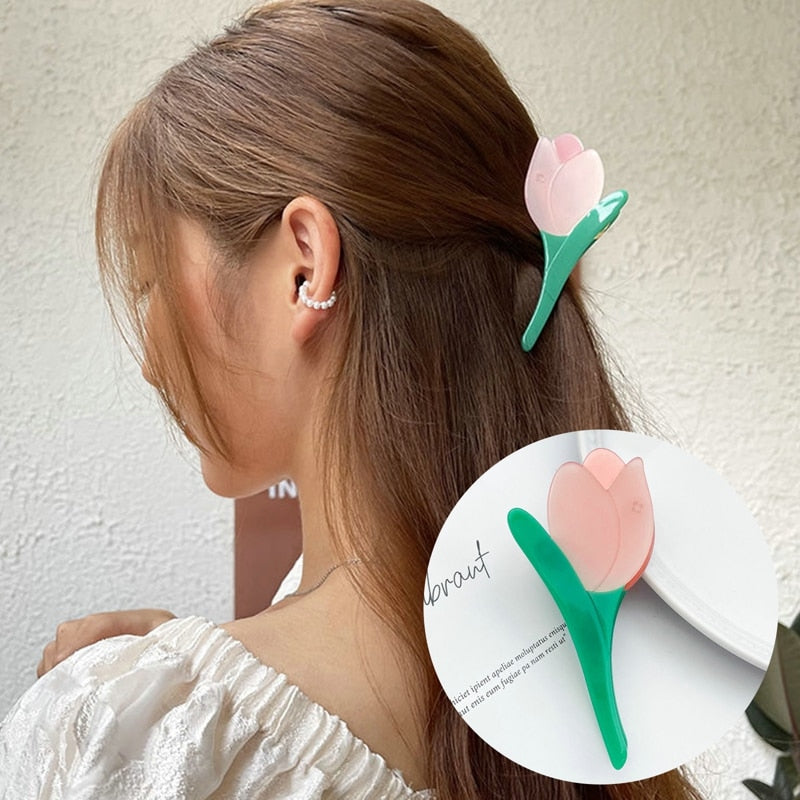 2022 Korean Fashion Pink 3D Tulip Hair Claws Women Girls Summer Shark Clip Hair Accessories Leaves Flowers Ponytail Gradient