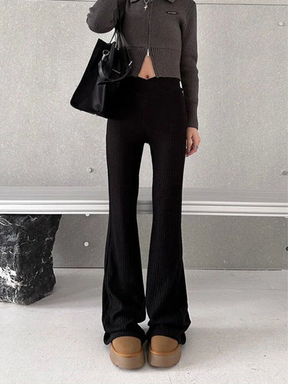 Deeptown Vintage Gray Flare Pants Women Harajuku Black High Waist Wide Leg Trousers Korean Slim Knit Full Pants Y2K Streetwear