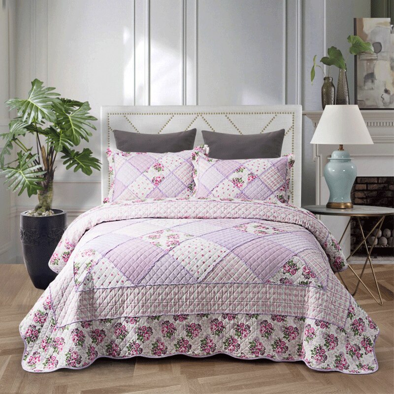 Yeknu Single Double Bed 100%Cotton Purple 3pcs Printed Quilted Quilt Pillowcase Free Shipping lençol de cama casal أسرّة