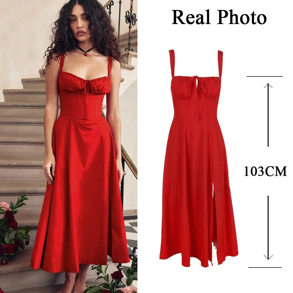 qgtao Full Lining Elegant Lace Up Holiday Party Dresses Midi Sexy Spaghetti Strap Split Dress White Summer Dress Women 2024