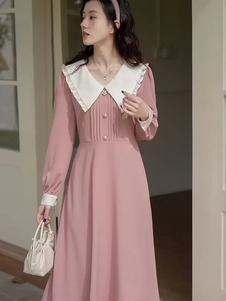 qgtao French Vintage Elegant Peter Pan Collar Pink Long Dress Women Spring Autumn Fashion Sweet design Ladies Loose Casual Midi Dress