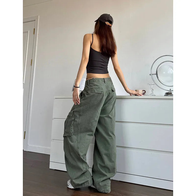 qgtao  -  2024 NEW Green Jeans for Women High Quality High Waist American Wide Leg Pants Solid Y2K Vintage Straight Summer Trousers