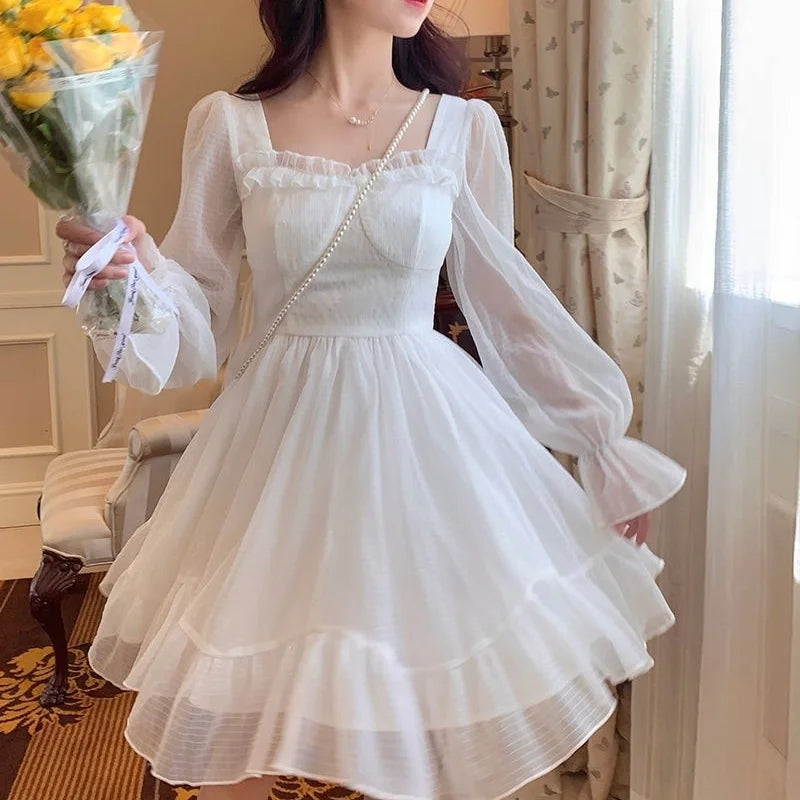 qgtao French Sweet Fairy Lolita Dress Women Long Sleeve Lace Y2k Mini Dress Vintage Kawaii Clothes One Piece Dress Korean 2023 Summer