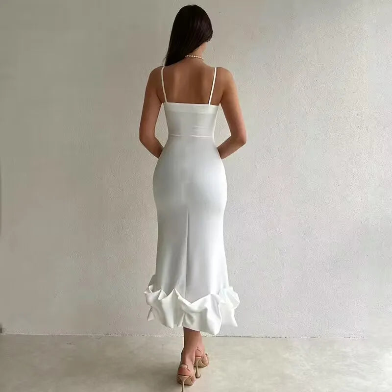 qgtao Sexy Sleeveless Backless Midi Dress Women 2024 Summer Fashion Bodycon Elegant Ruffles Eged Birthday Party Club Pencil Dess