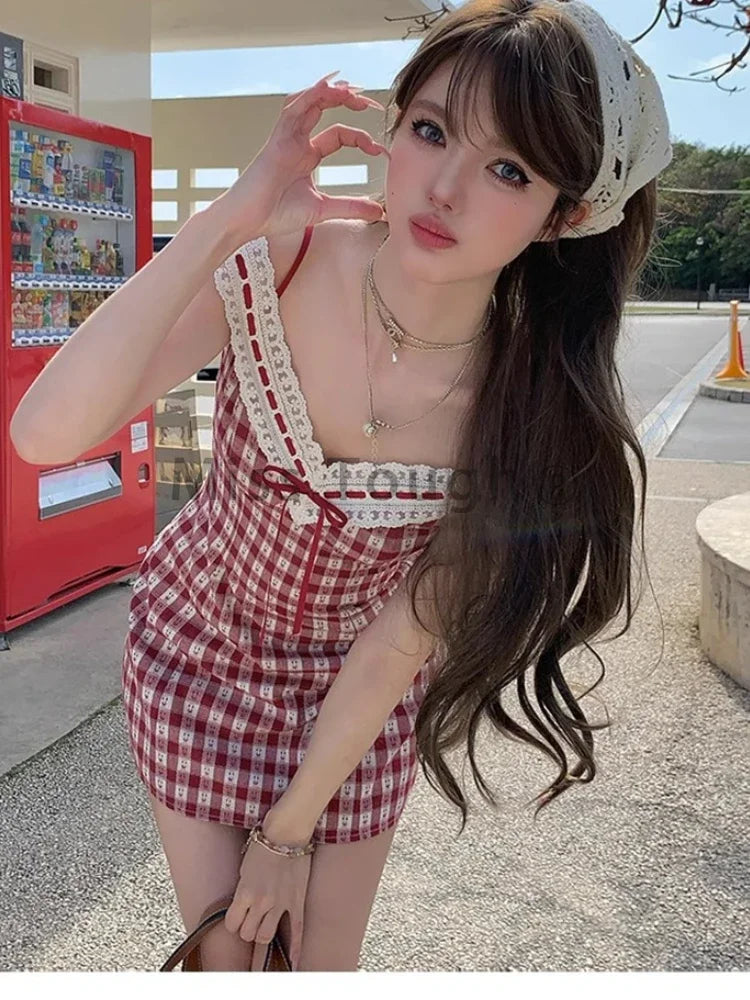 qgtao Japanese Plaid Kawaii Strap Dress Women Lace New Korean Casual Y2K Mini Dress Female V-neck High Waist Cute Clothes 2024 Summer