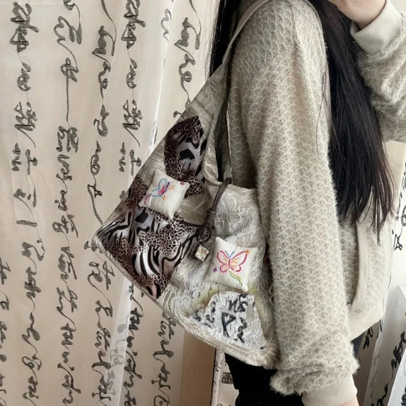 qgtao Y2k Vintage Tote Bag Aesthetic Patchwork Fashion Chinese Style Leopard Print Shoulder Bag Original Designer Ladies Handbag