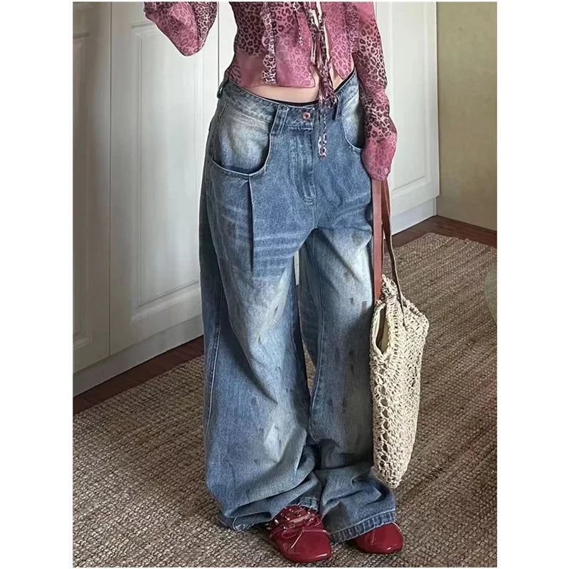 qgtao  -  Autumn Womens Blue Jeans High Waist Baggy Casual Vintage Y2K Design Sense Straight Pants Street American Wide Leg Denim Trouser