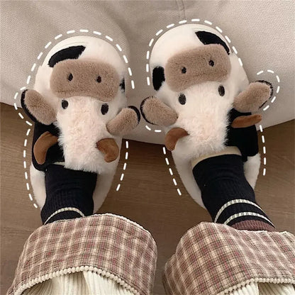 qgtao 2024 Winter Warm Milk Cow Women Slippers Men Cute Soft Plush Sandals Adults Lovely Non-slip Flip Flops Couples Home Flat Slides