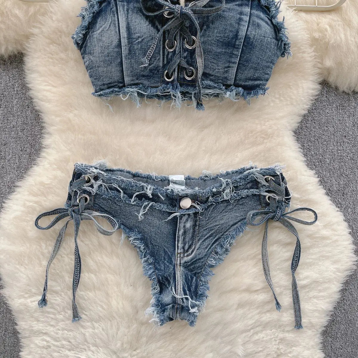 qgtao 2024 Women's Bikinis Set Summer Sexy Denim Strap Bra Vest and Low Waist Shorts Bathing Suit Swimsuit  Swimwear