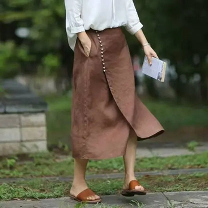 Women's Straight Skirt Spring Summer Cotton Linen A-line Skirt Female Solid Blue White Side Split Vintage Long Skirts Women