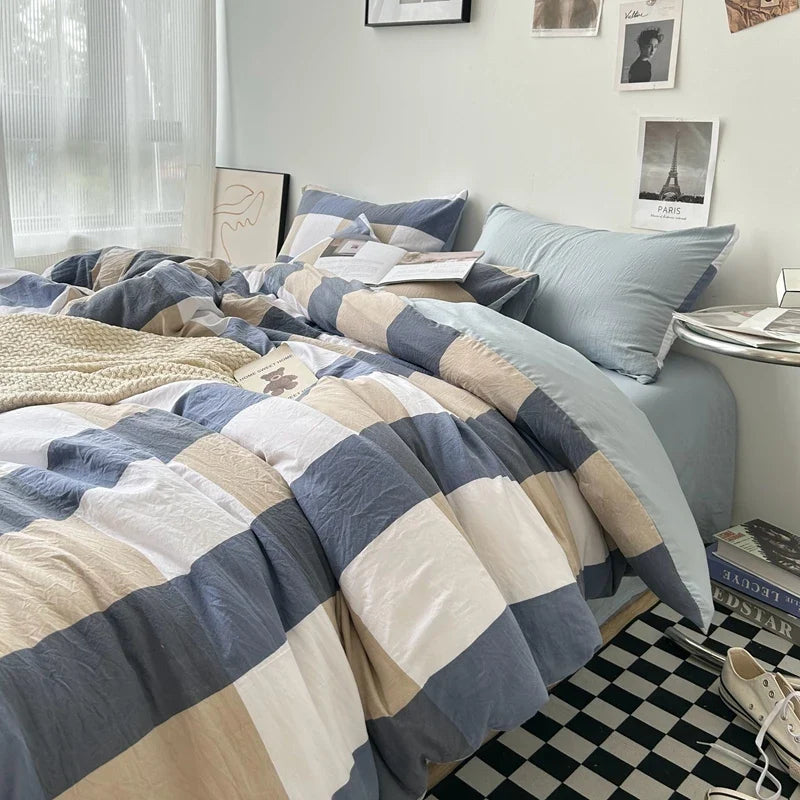 Yeknu Bed Linen Washed Cotton Striped Grid Minimalist Bedding Sheet Set Comforter Sets Queen Duvet Cover Double For Boys And Girls