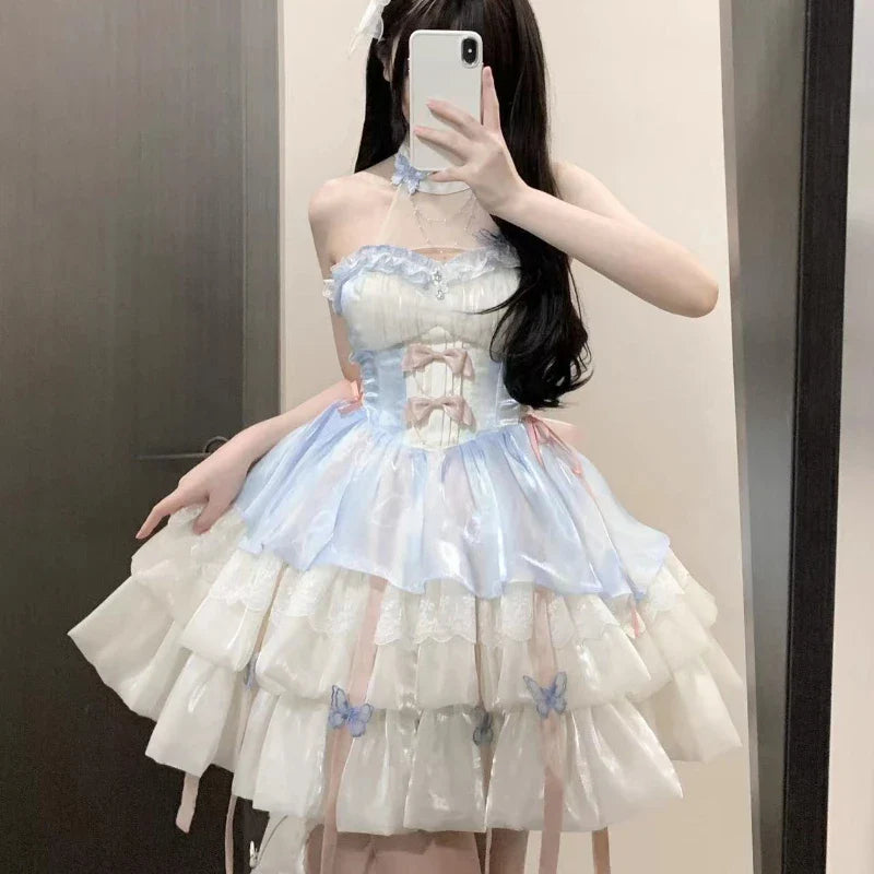 qgtao Vintage Victorian Lolita Princess Mini Dress Women Gothic Y2k Bow Lace Ruffles Sleeveless Party Dresses Girl Sweet Elegant Dress