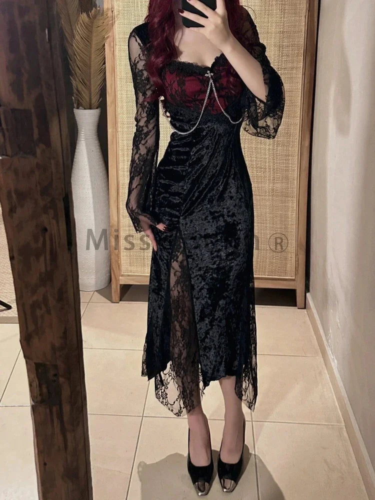 qgtao Summer Gothic Grunge Y2k Lace Dress Women Dark Academia Sexy Slim Party Dresses Korean Fashion Design Festival Long Prom Dress