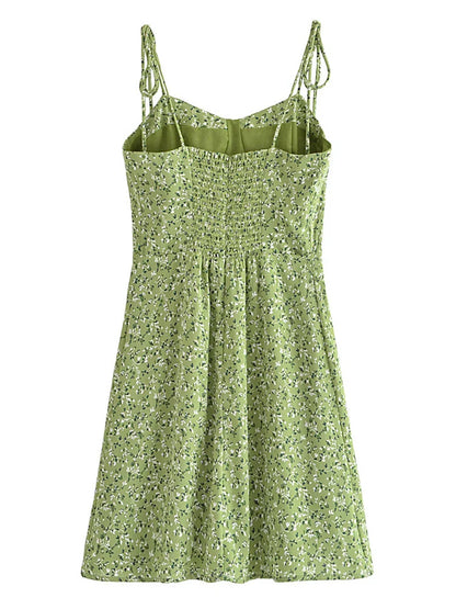 qgtao   Women Vintage Green Floral Print Thin Strap Chiffon Dress French Style Ladies A-line Short Summer Dress Sling Robe