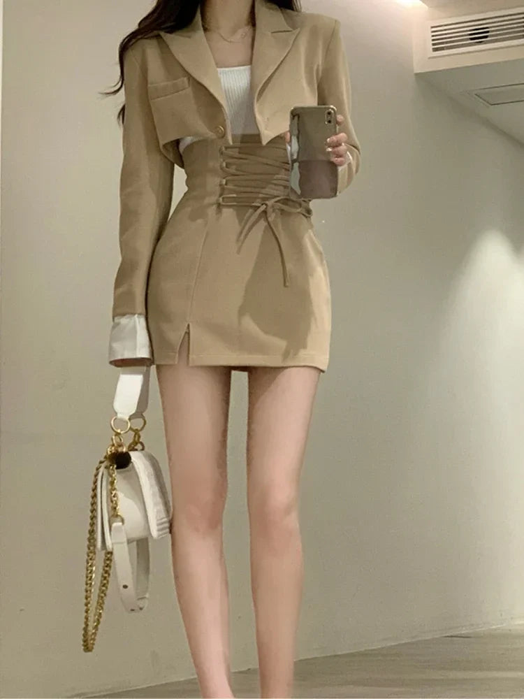 qgtao 2 Piece Dress Set Women Casual Y2k Crop Tops Elegant Jacket Coats + Mini Skirts Korean Fashion Suits 2024 Spring Blazers Dress