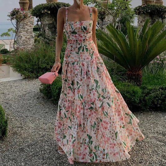 qgtao  -  Summer Sexy Off Shoulder Vacation Long Dress Women Elegant Floral Print Hollow Party Dress Fashion Sleeveless Pleated Bohe Dress