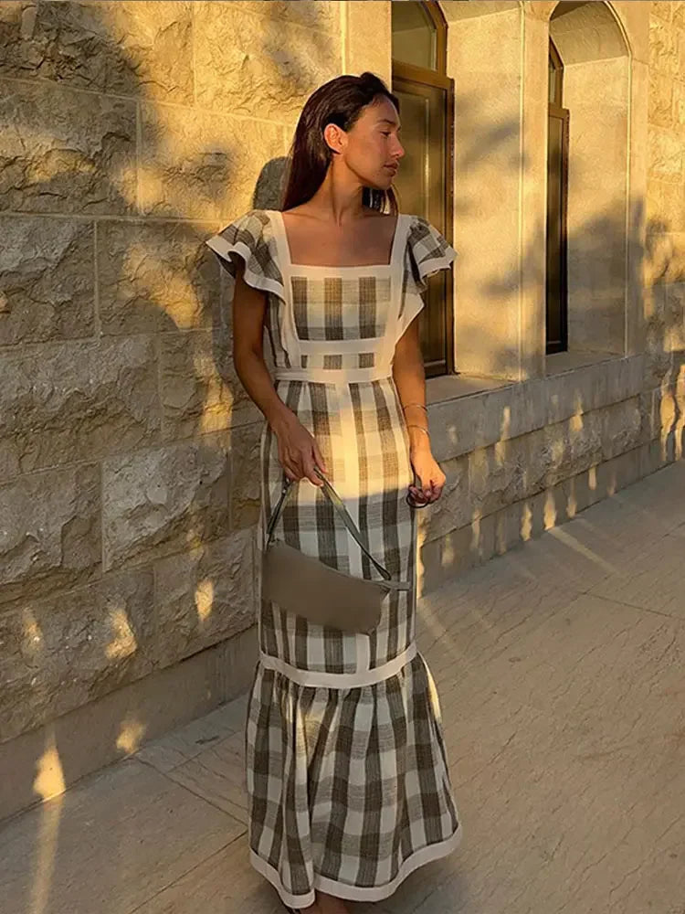 qgtao Vintage Plaid Flying Sleeve Shoulder Midi Dress Elegant Spliced Square Collar High Waist Vestidos Spring High Street Female Robe