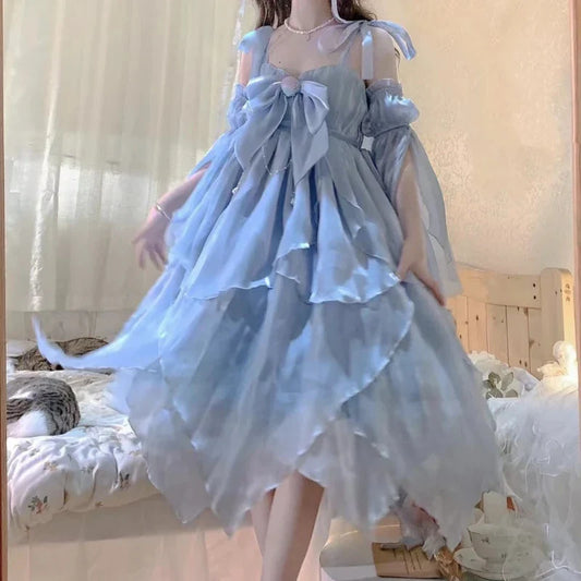 Vintage Elegant Evening Party Long Dress Women Gradient Blue Kawaii Lolita Jsk Dresses Female Bow Bandage Princess Fairy Dress