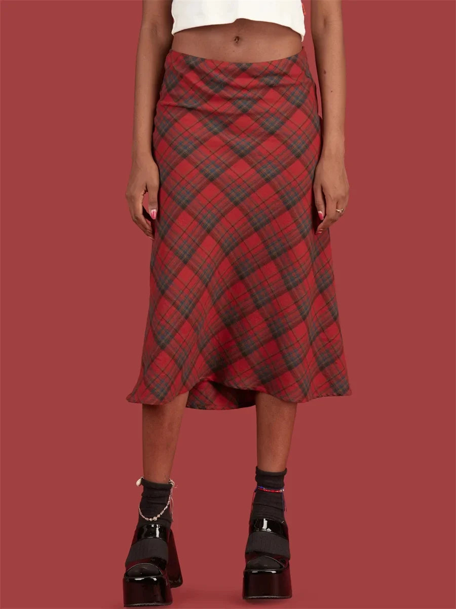 qgtao Women Y2k Harajuku Maxi Skirt Low Waist Plaid Printed Midi Skirt 2000s Vintage Bodycon Long Pencil Skirt Korean Fashion Street