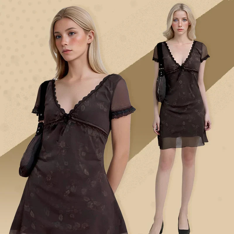 qgtao Vintage Floral Brown Dress Women's Summer 2024 Chic Sexy Elegant Fashion Ladies Casual Dress Beautiful Lace Mini Short Dresses