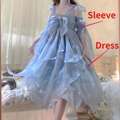 Vintage Elegant Evening Party Long Dress Women Gradient Blue Kawaii Lolita Jsk Dresses Female Bow Bandage Princess Fairy Dress
