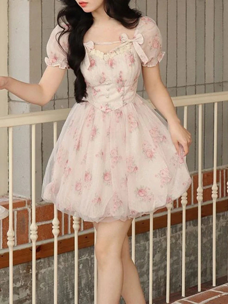 qgtao Summer Floral Sweet Mini Dress Women Print French Elegant Fairy Dress Female Korean Fashion Cute Party Mini Dress Summer 2024