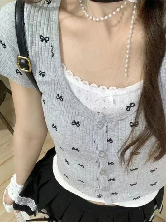 qgtao Y2k Coqutte Buttons Bow Tie Crop Tops O-neck Short Sleeve Shirts Sweet Cardigan 2024 Summer T Shirts.