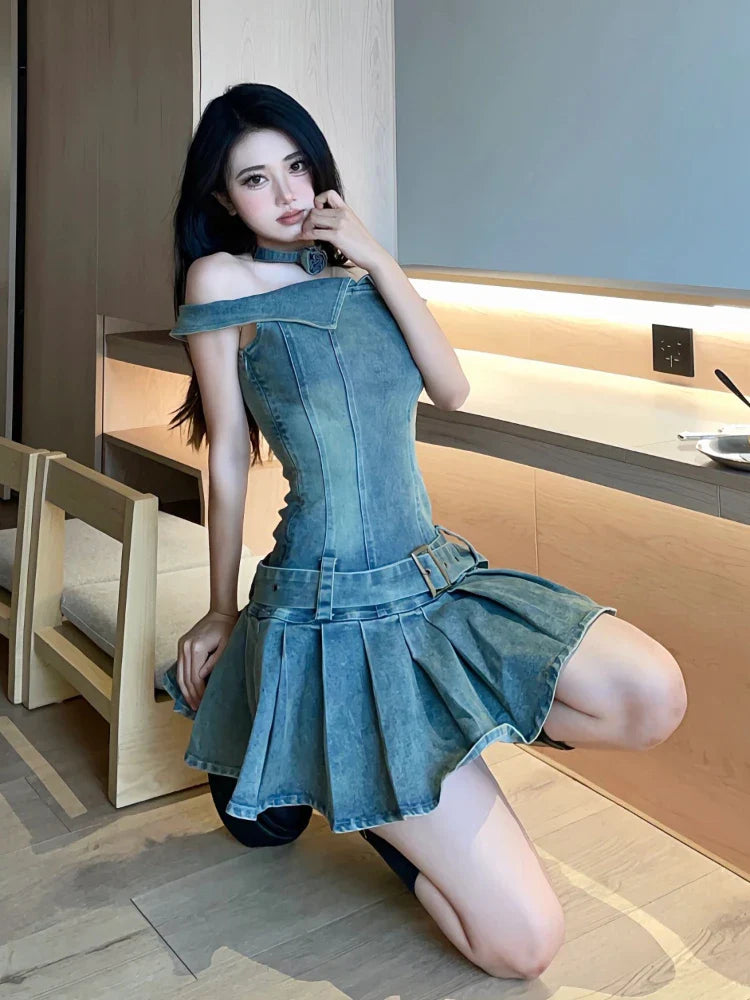 qgtao Streetwear Denim Mini Dress Women Sexy Slim Korean Fashion Vintage Off The Shoulder Pleated Dresses Summer Slash Neck