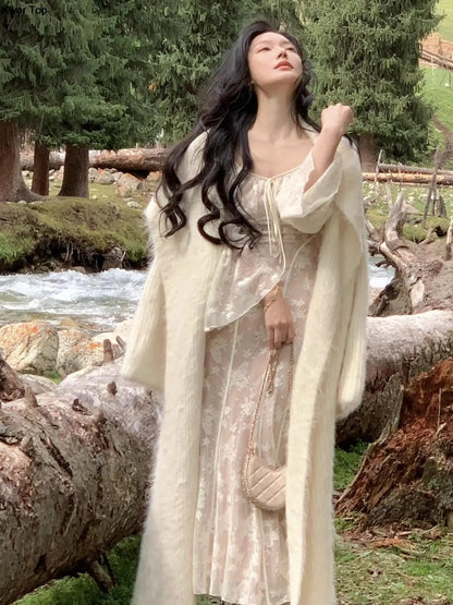 qgtao Elegant Flare Sleeve Mermaid Long Dress Spring Summer Slim Wedding Runway Party Lace Vestidos Women Vintage Clothing