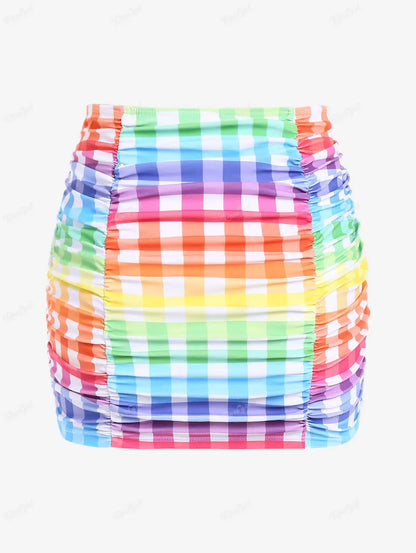 qgtao  Plus Size Padded Plaid Three Piece Swimwear Women Tankini Top,Briefs And Skirt Fashion High Waist Beachwear Bathing Suit