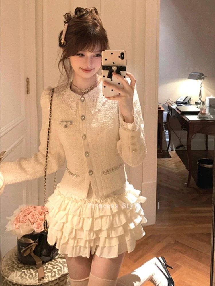 qgtao French Vintage 2-piece Set Tweed Lace Patchwork Single Breasted Coat Ruffles Cake Mini Skirt Korean Fashion Autumn Outfits New